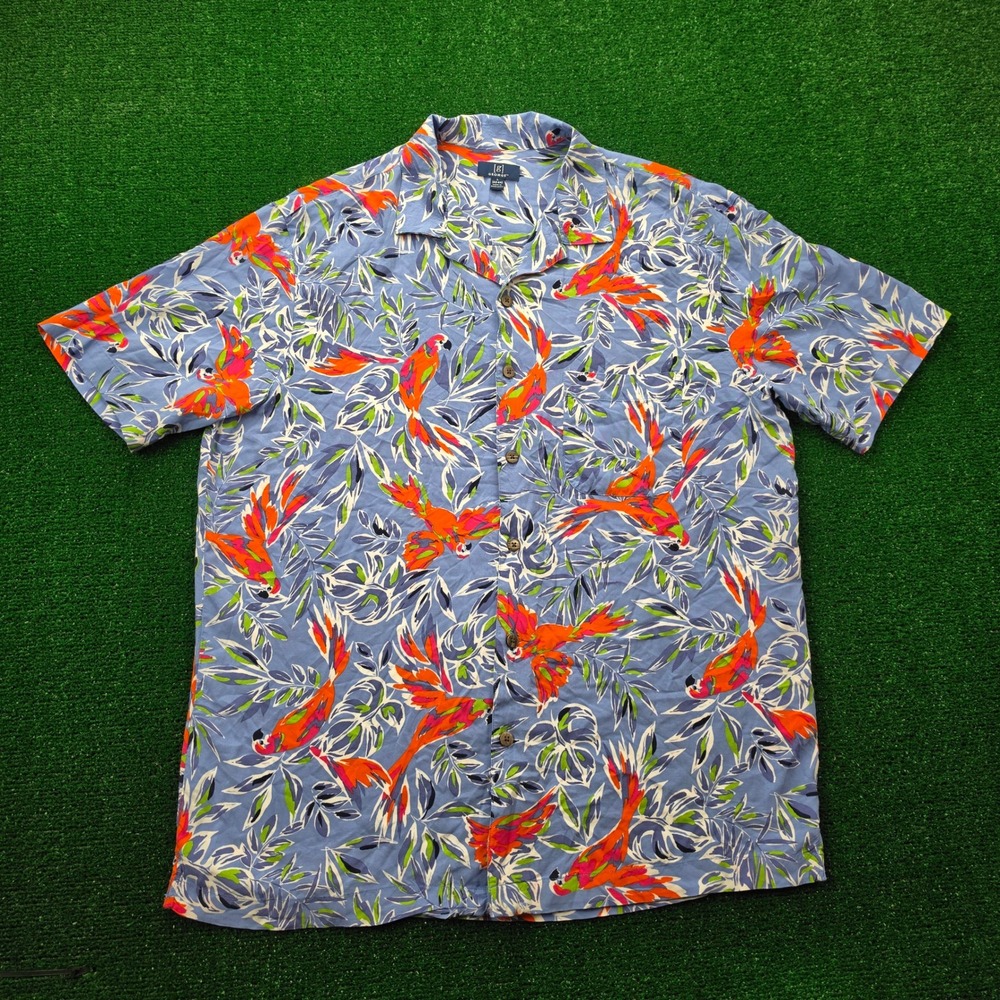 George Hawaiian Tropical Parrot Print Short Sleeve Shirt Mens Large Blue Beach